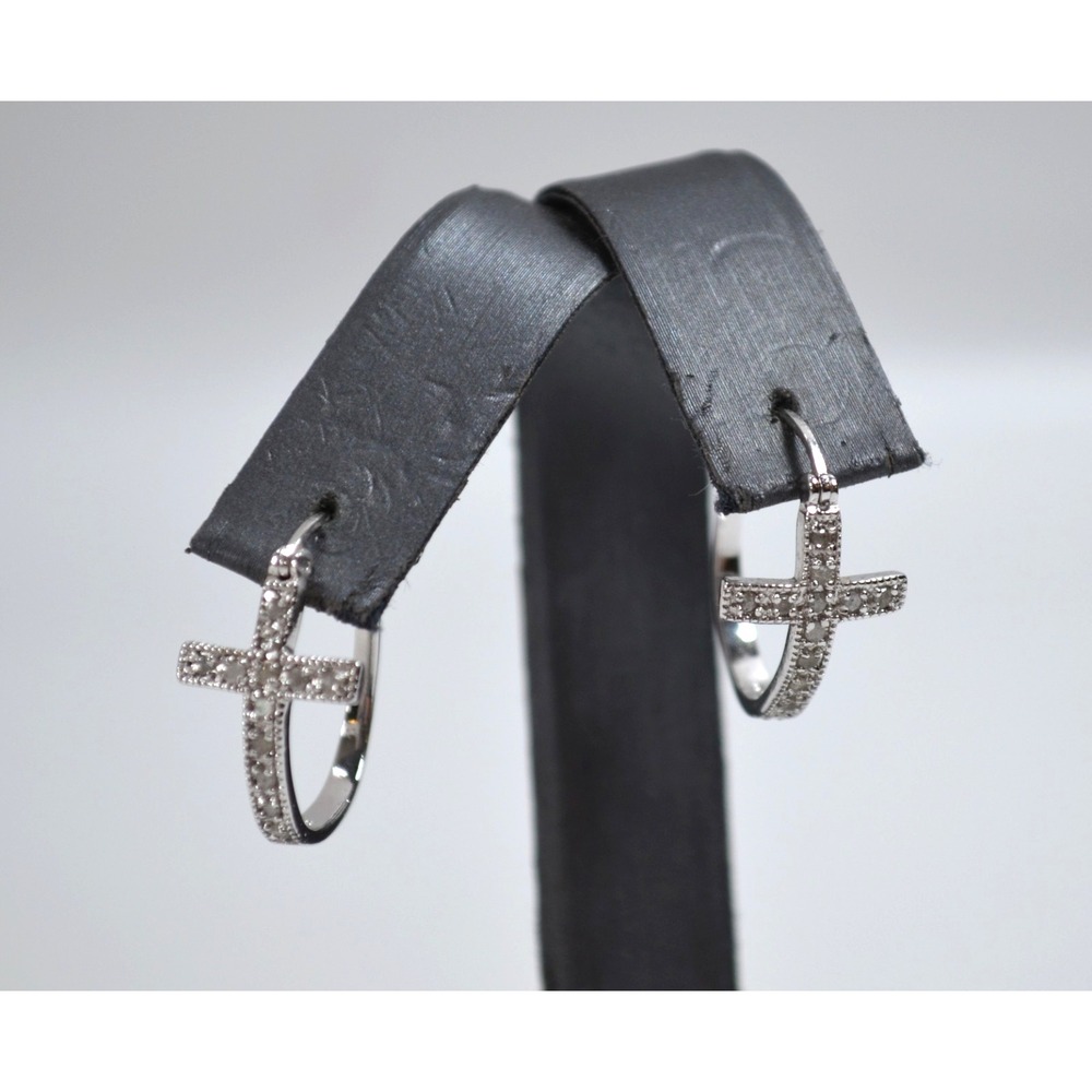 Silver 925 CW Cross Hoop Earrings With Small Clear Stones .75"